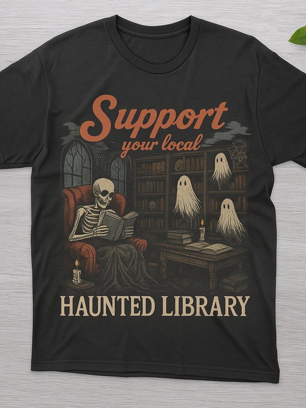 Support Your Local Haunted Library Skeleton Ghost Graphic Tee